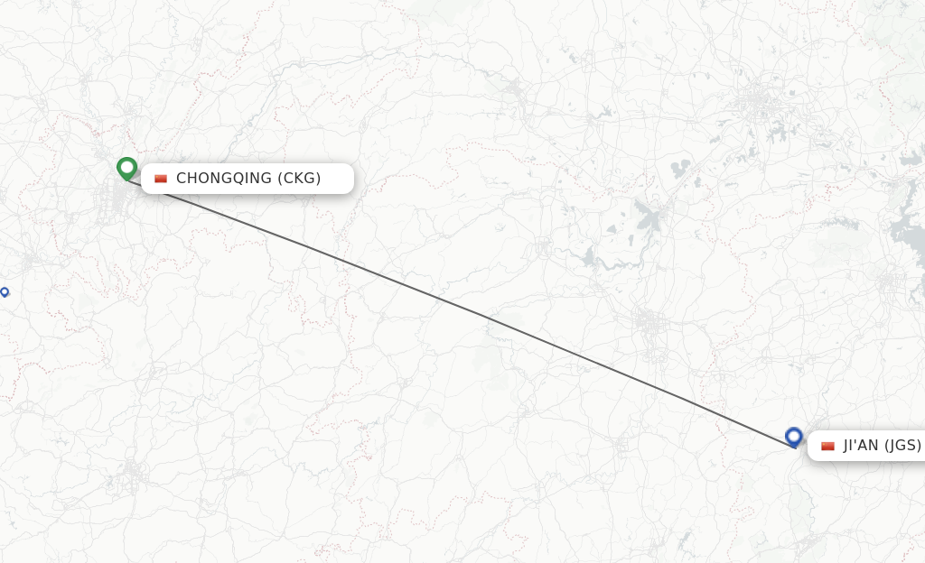 Flights from Chongqing to Ji'An route map