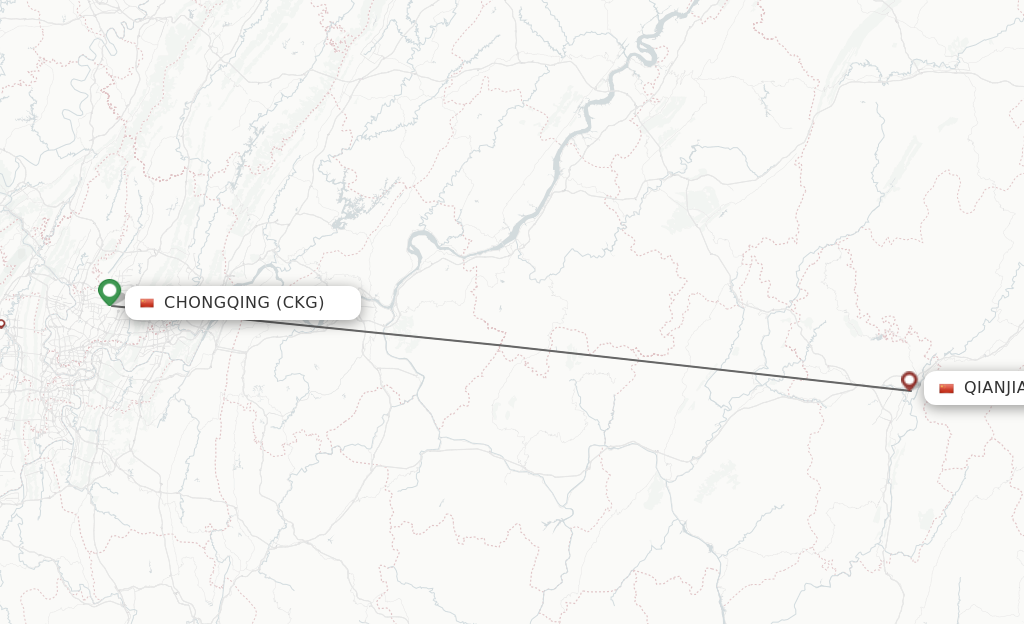 Flights from Chongqing to Qianjiang route map
