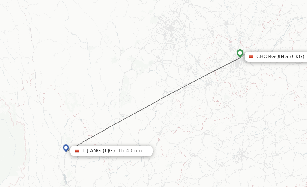 Flights from Chongqing to Lijiang route map