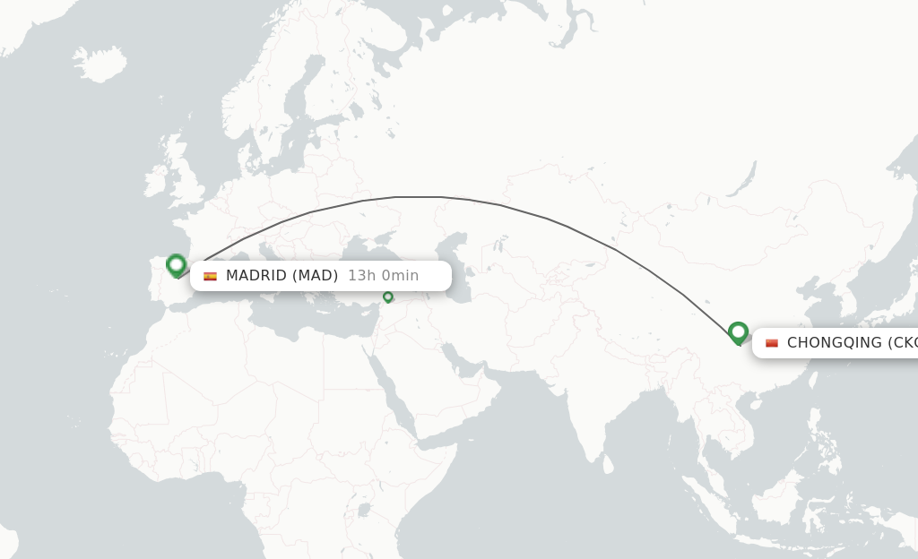 Flights from Chongqing to Madrid route map