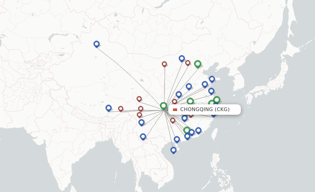 Route map with flights from Chongqing with Chongqing Airlines