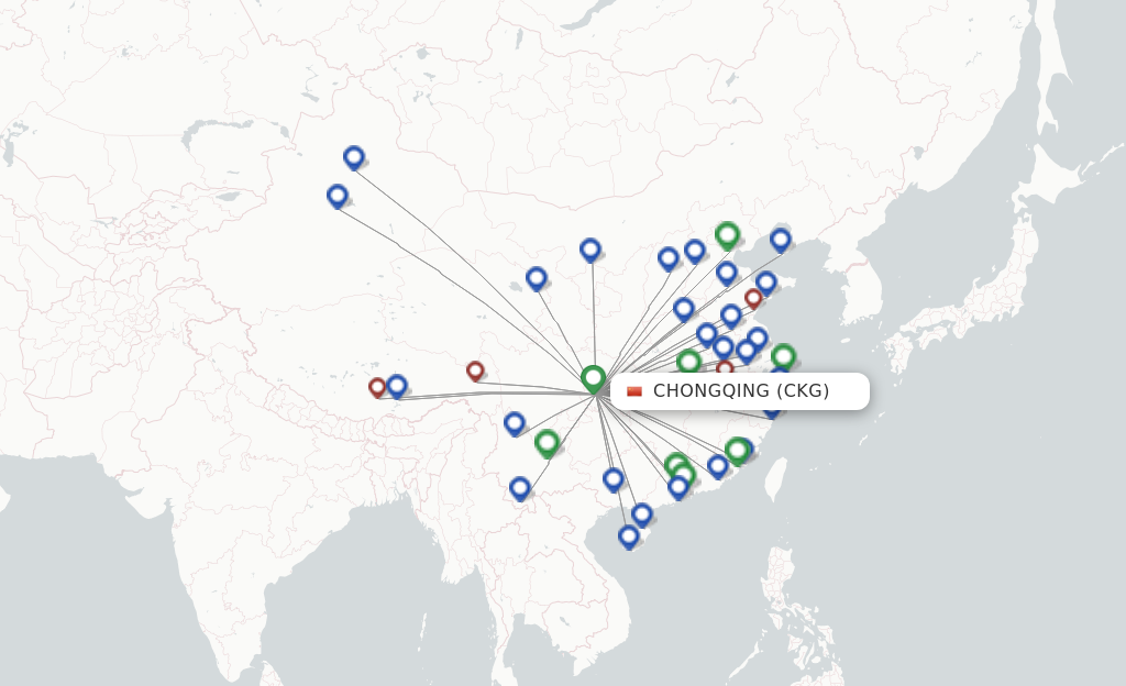 Route map with flights from Chongqing with West Air (China)