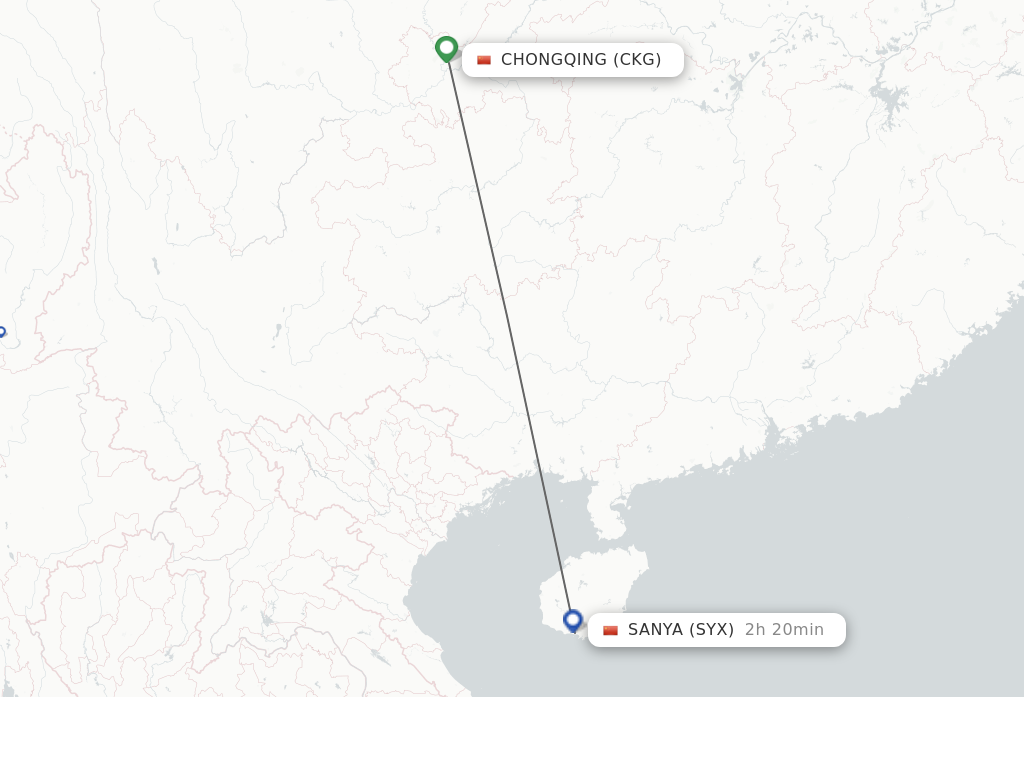 Flights from Chongqing to Sanya route map