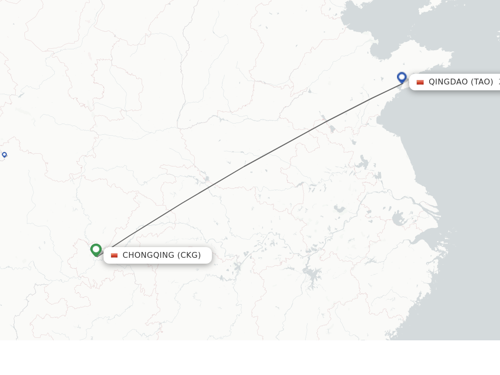 Flights from Chongqing to Qingdao route map