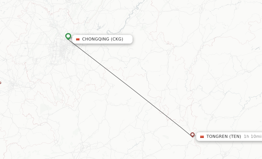Flights from Chongqing to Tongren route map