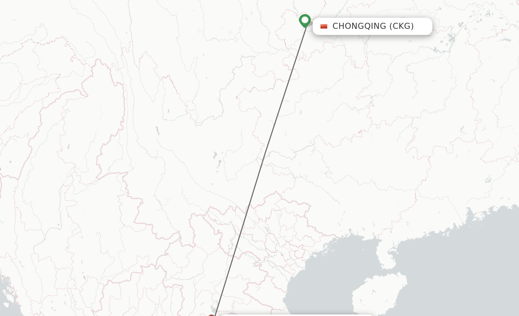Flights from Chongqing to Vientiane route map