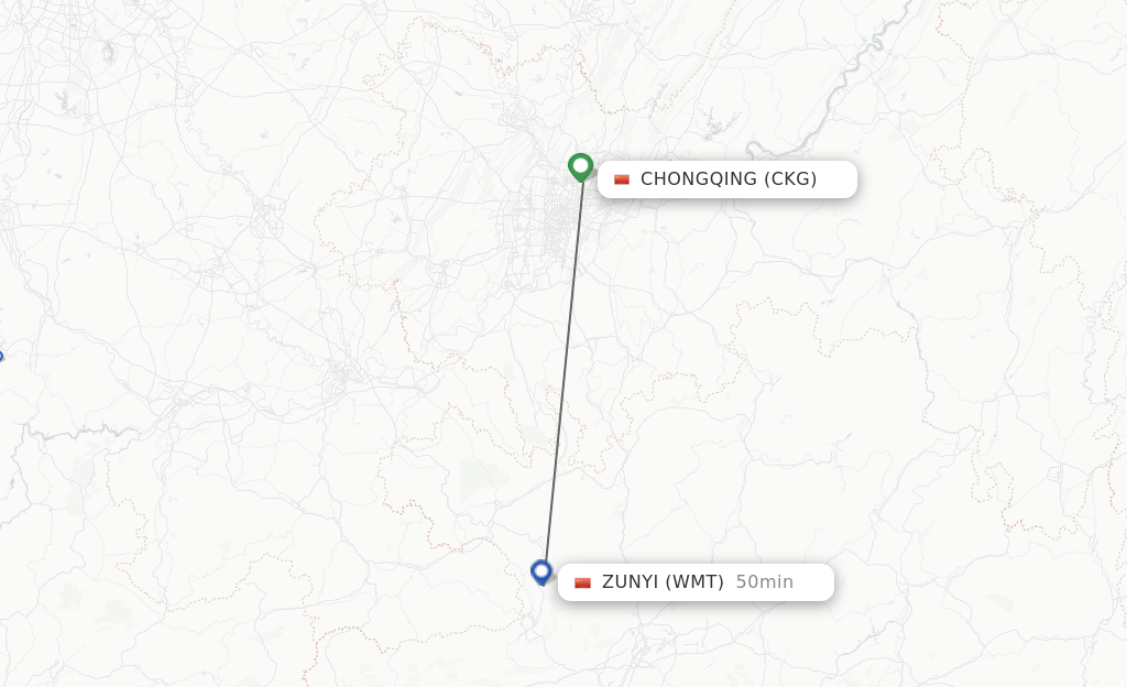 Flights from Chongqing to Zunyi route map