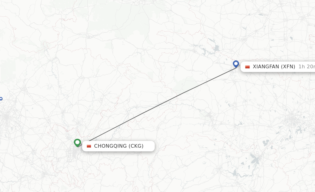 Flights from Chongqing to Xiangyang route map