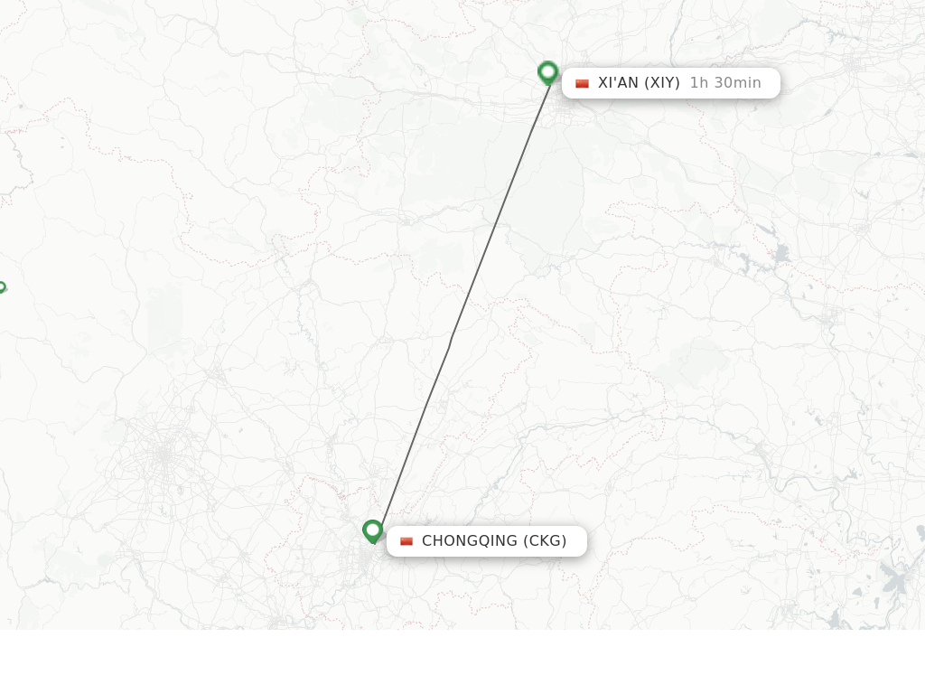 Flights from Chongqing to Xian route map