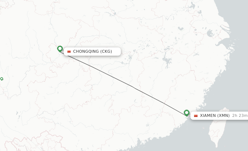 Flights from Chongqing to Xiamen route map