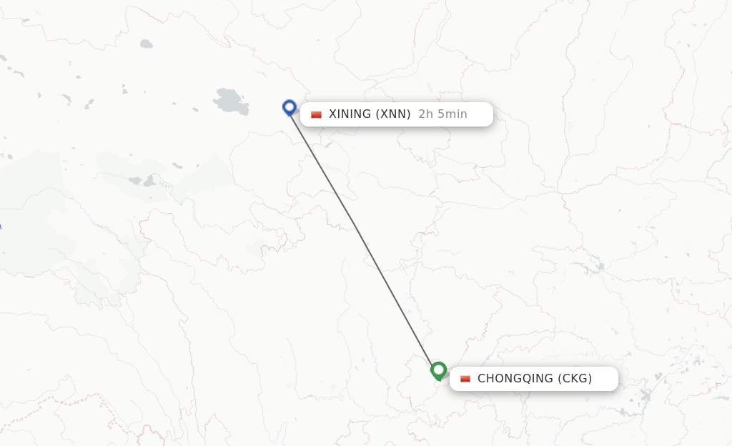 Flights from Chongqing to Xining route map