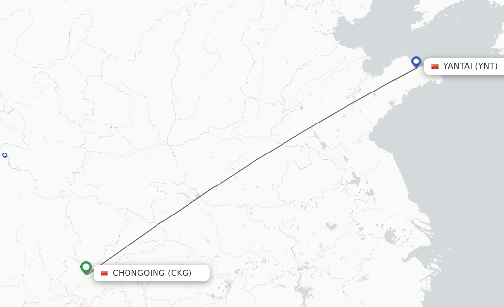 Flights from Chongqing to Yantai route map