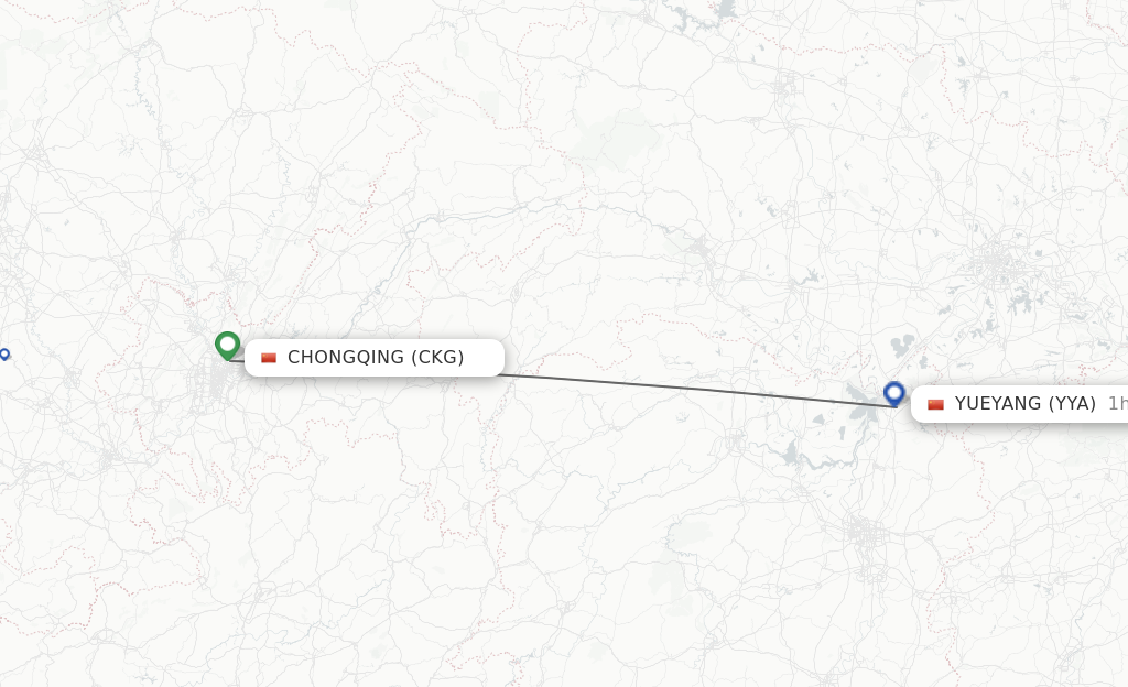 Flights from Chongqing to Yueyang route map