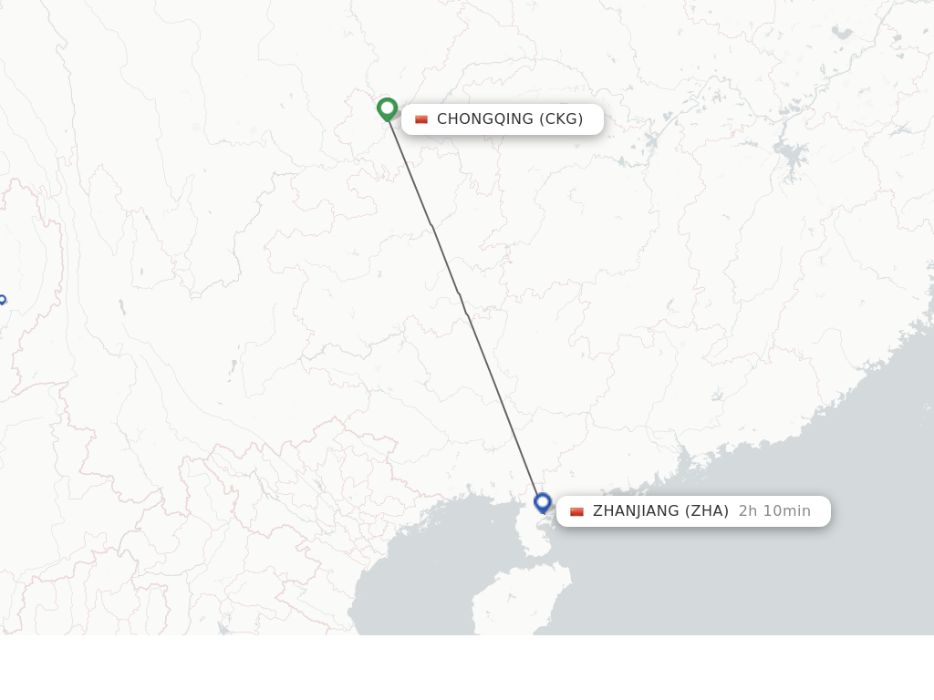 Flights from Chongqing to Zhanjiang route map