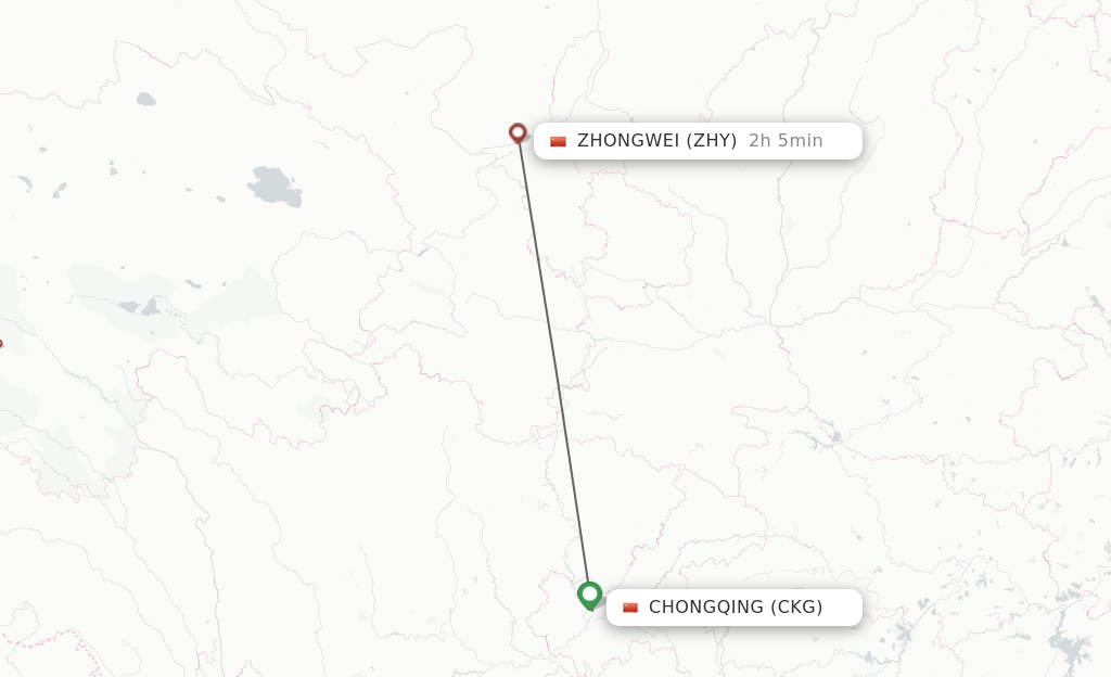 Flights from Chongqing to Zhongwei route map