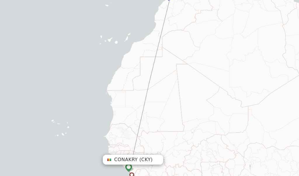 Route map with flights from Conakry with Royal Air Maroc