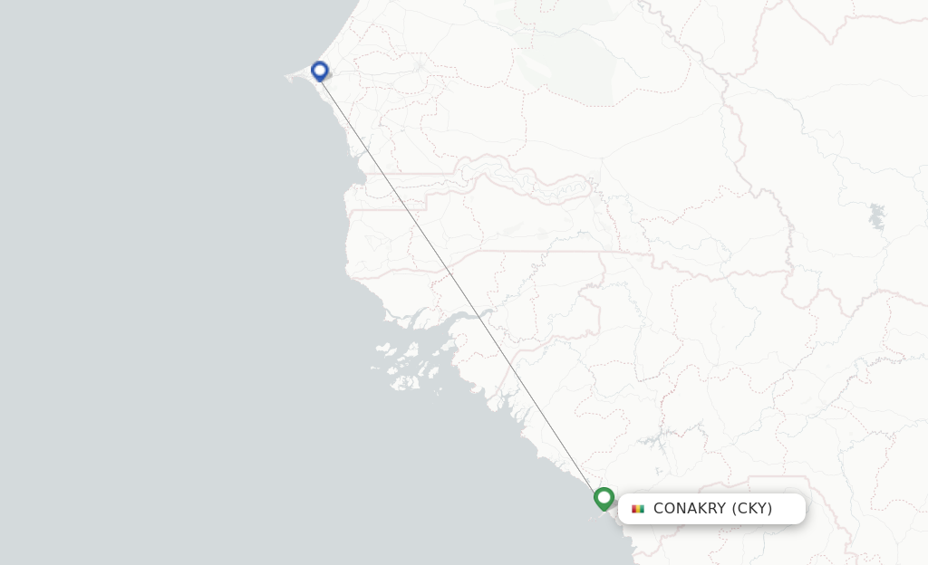 Route map with flights from Conakry with Air Senegal