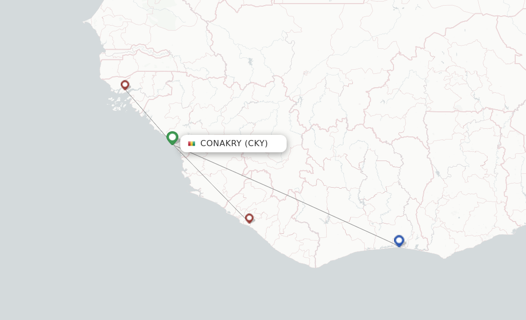 Route map with flights from Conakry with Air Cote D'Ivoire