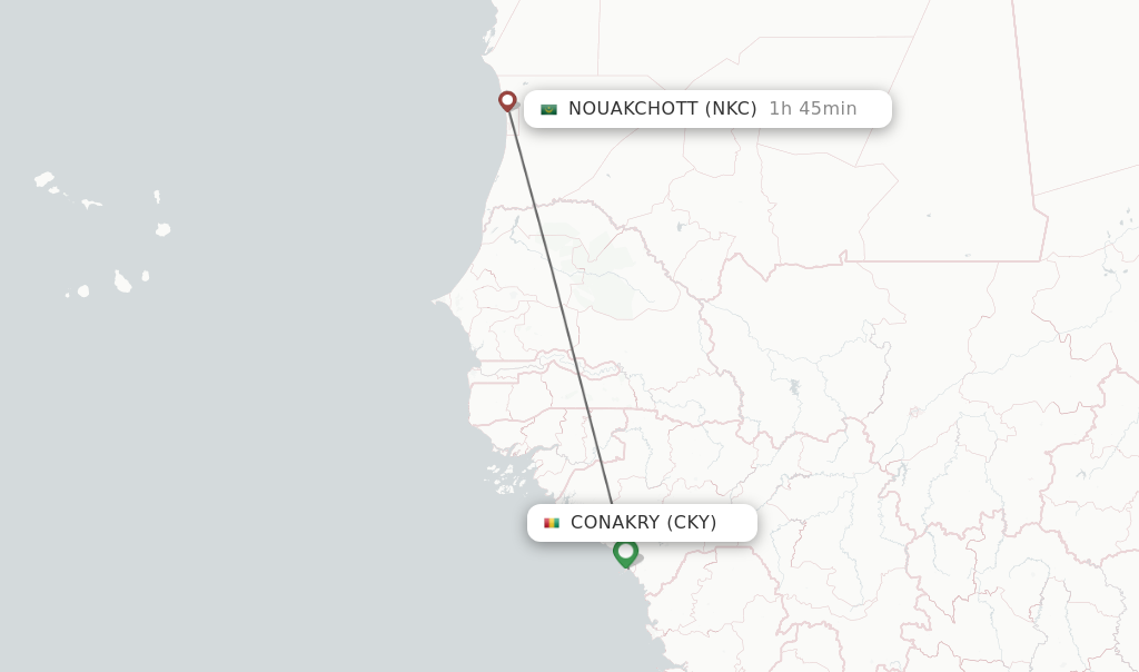Flights from Conakry to Nouakchott route map