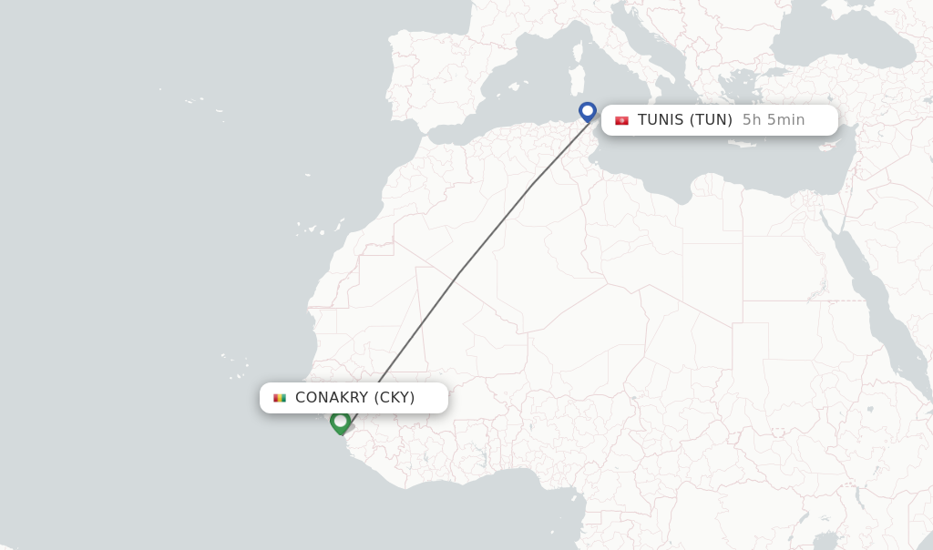 Flights from Conakry to Tunis route map