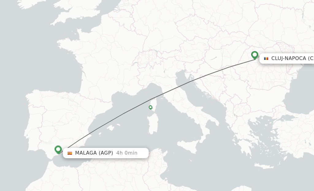 Flights from Cluj-Napoca to Malaga route map