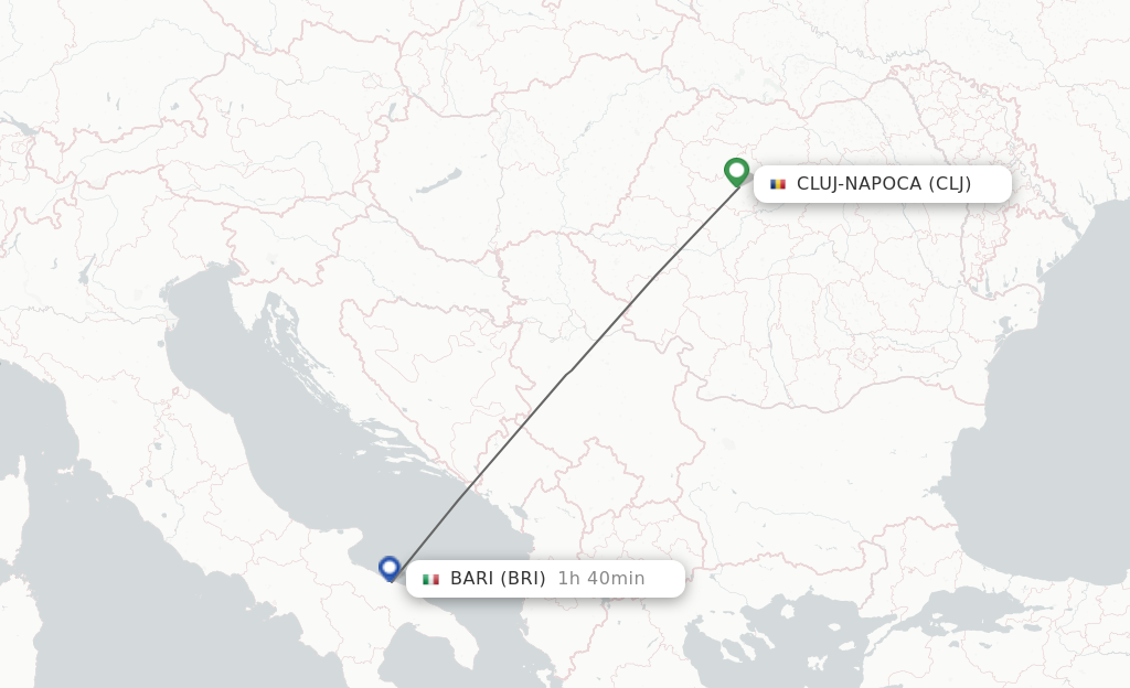 Flights from Cluj-Napoca to Bari route map