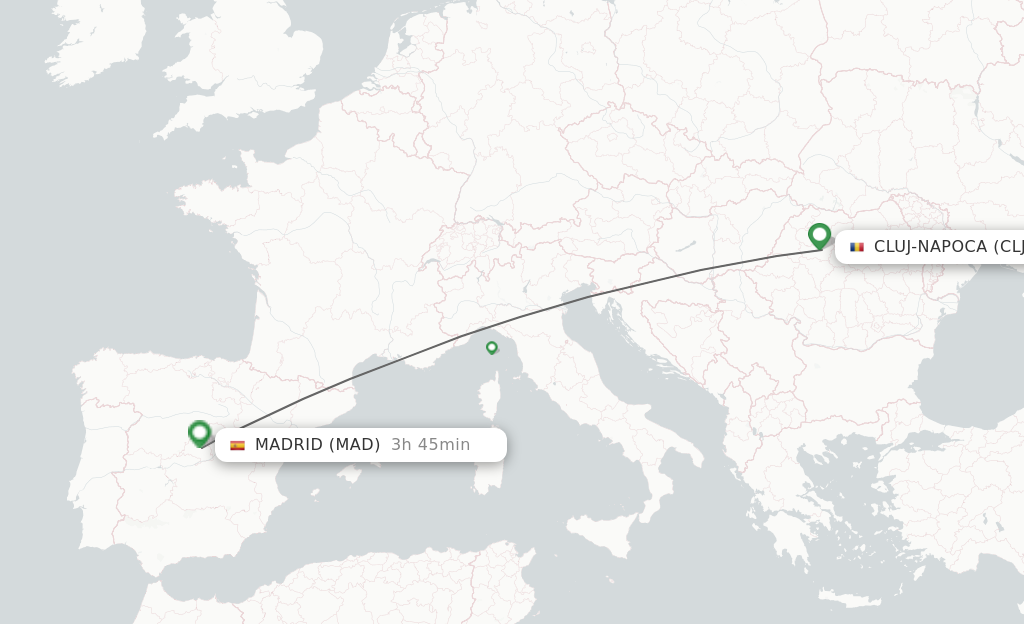 Flights from Cluj-Napoca to Madrid route map