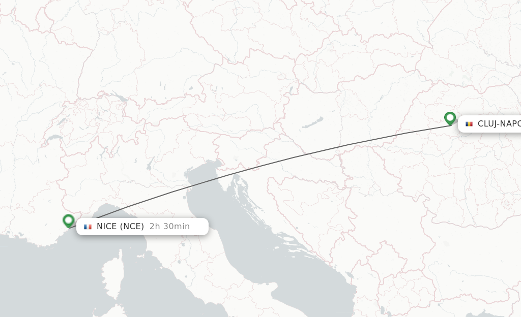 Flights from Cluj-Napoca to Nice route map