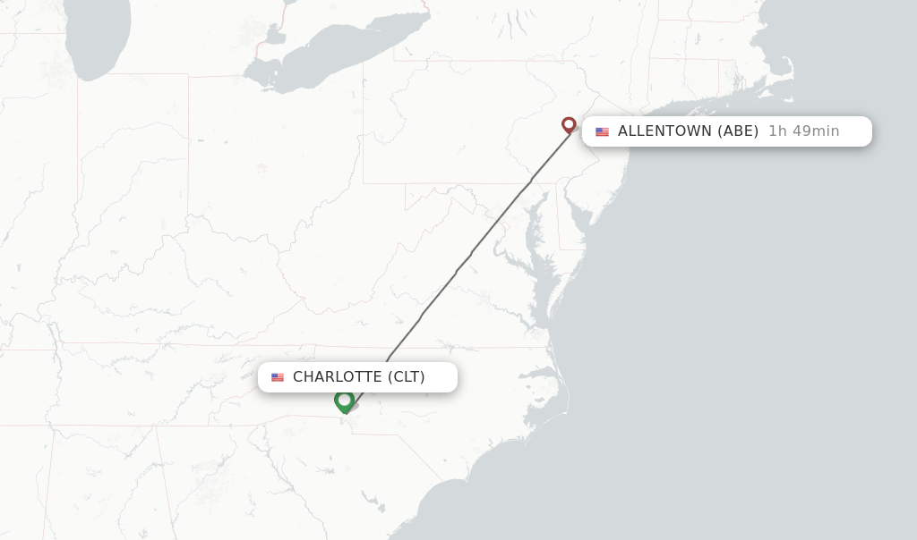 Flights from Charlotte to Allentown route map