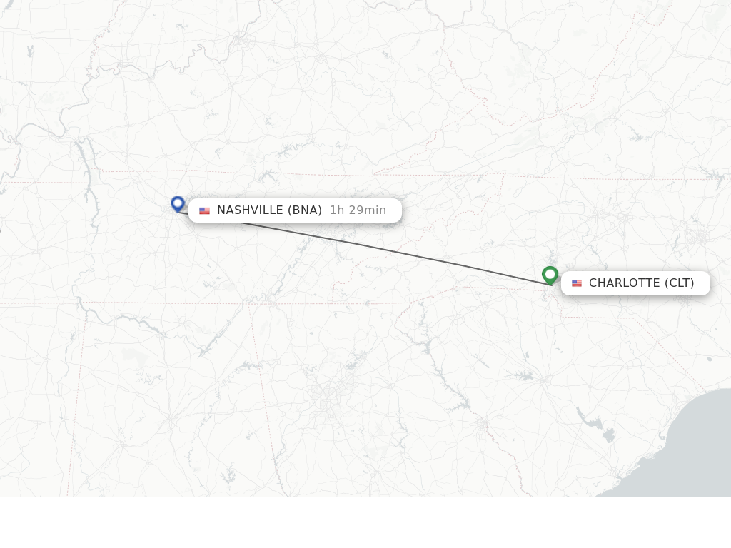 Flights from Charlotte to Nashville route map