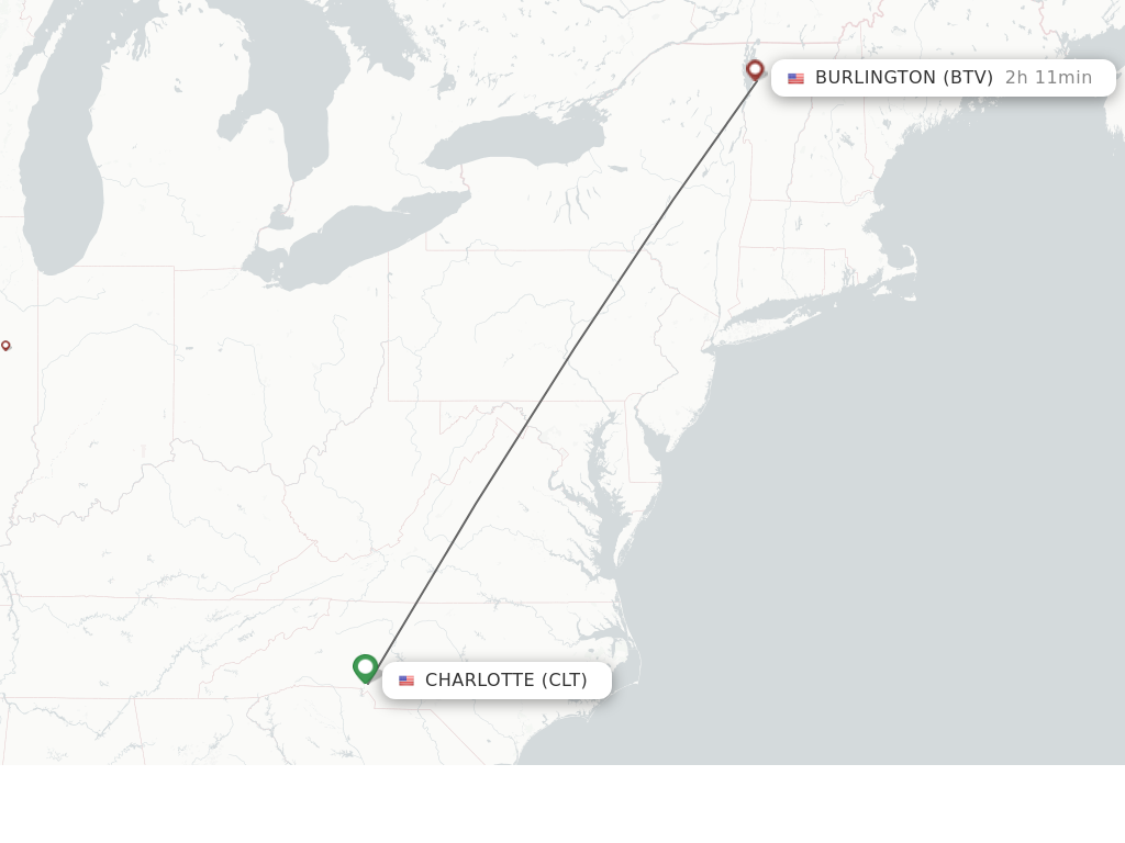 Flights from Charlotte to Burlington route map