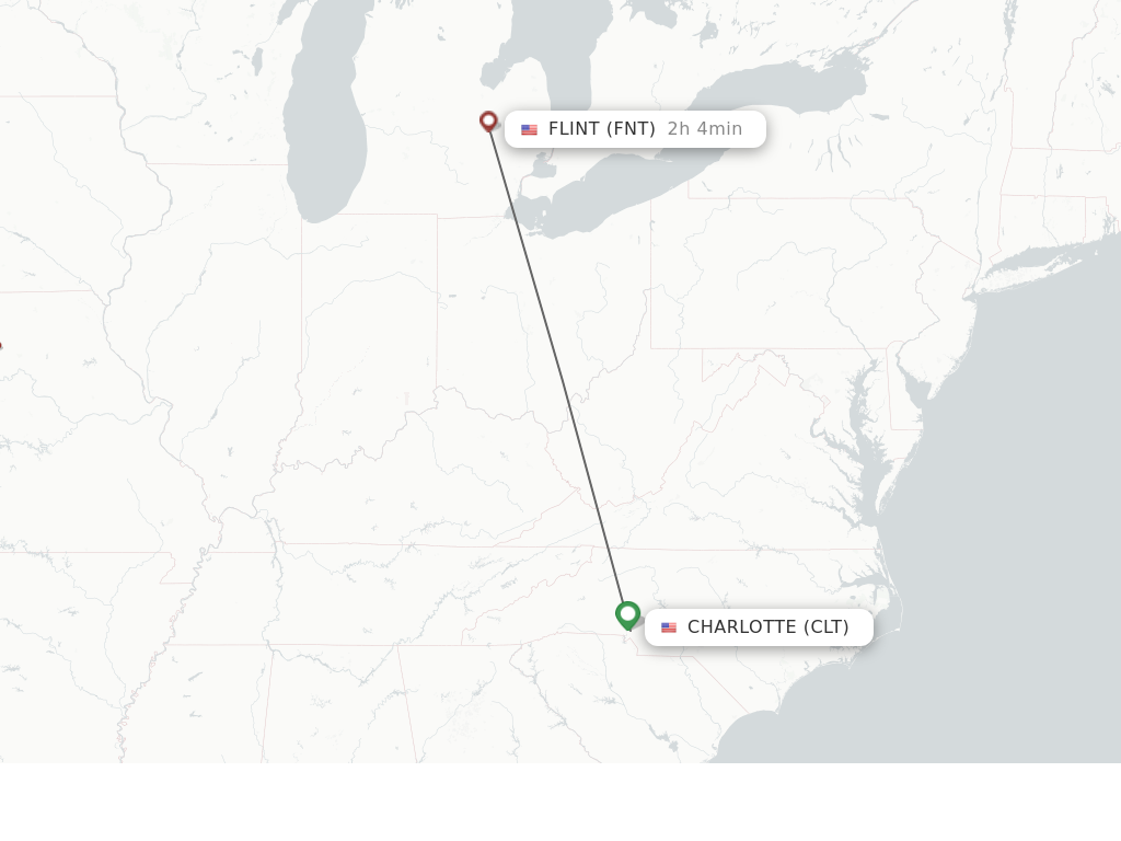 Flights from Charlotte to Flint route map