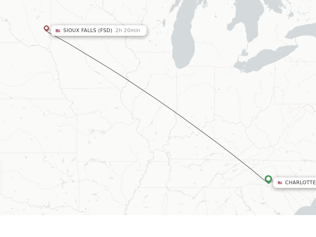 Flights from Charlotte to Sioux Falls route map