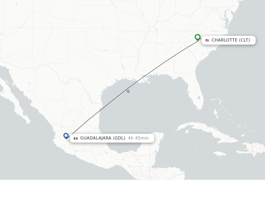 Flights from Charlotte to Guadalajara route map