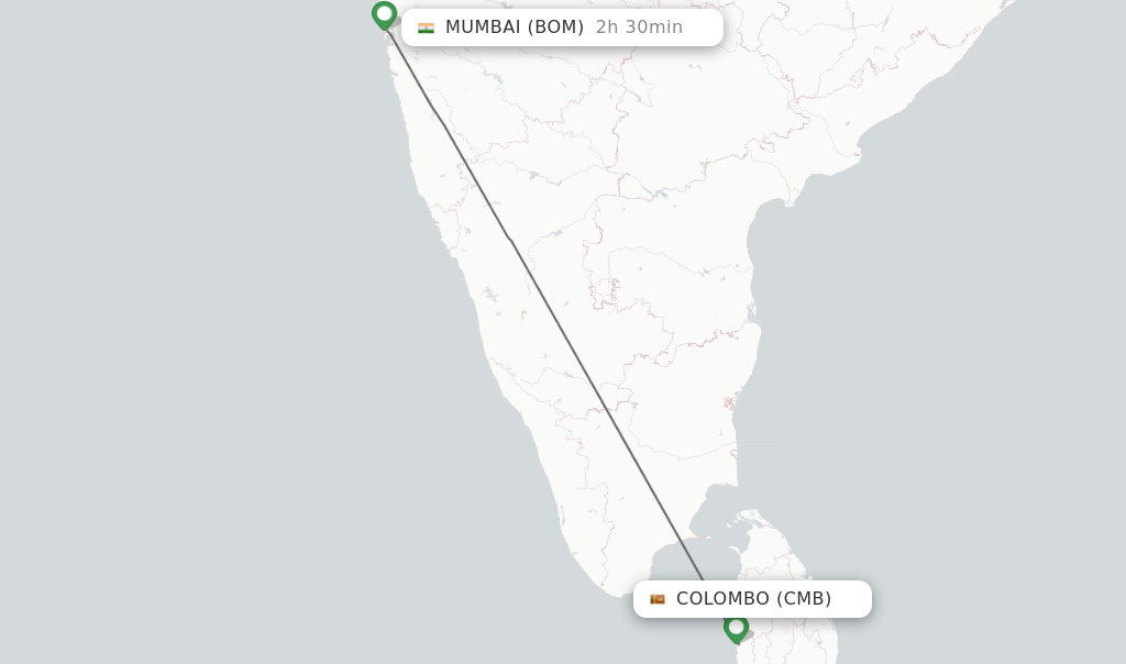 Flights from Colombo to Mumbai route map