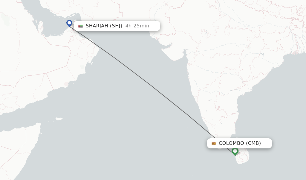 Flights from Colombo to Sharjah route map