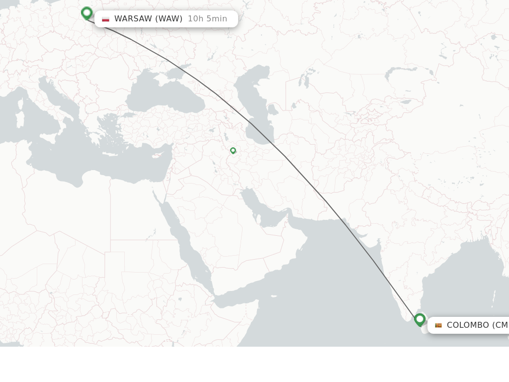 Flights from Colombo to Warsaw route map