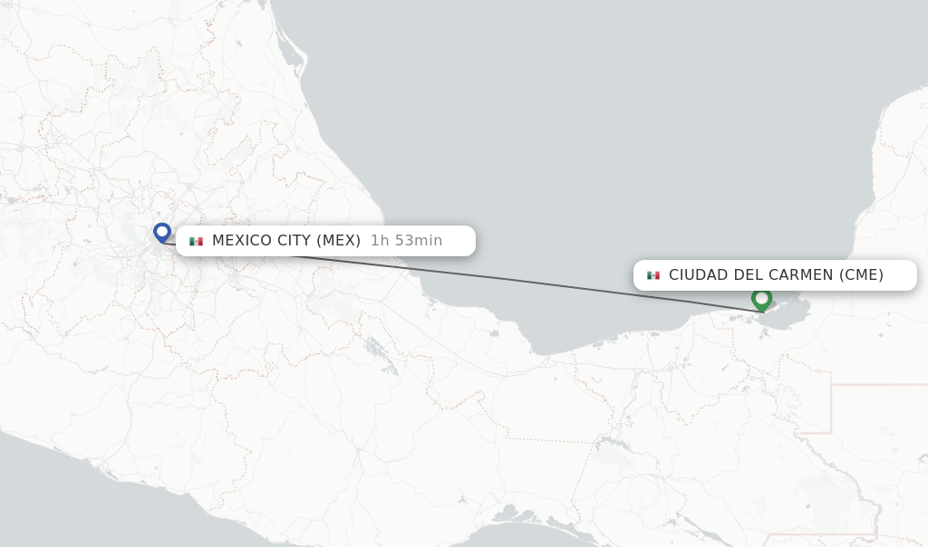 Flights from Ciudad Del Carmen to Mexico City route map
