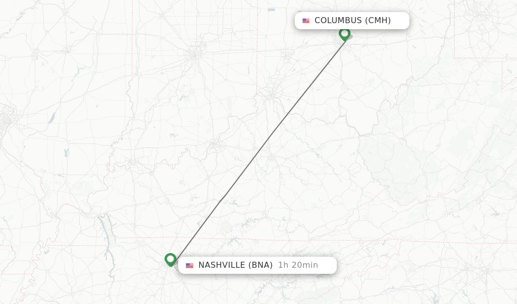 Flights from Columbus to Nashville route map
