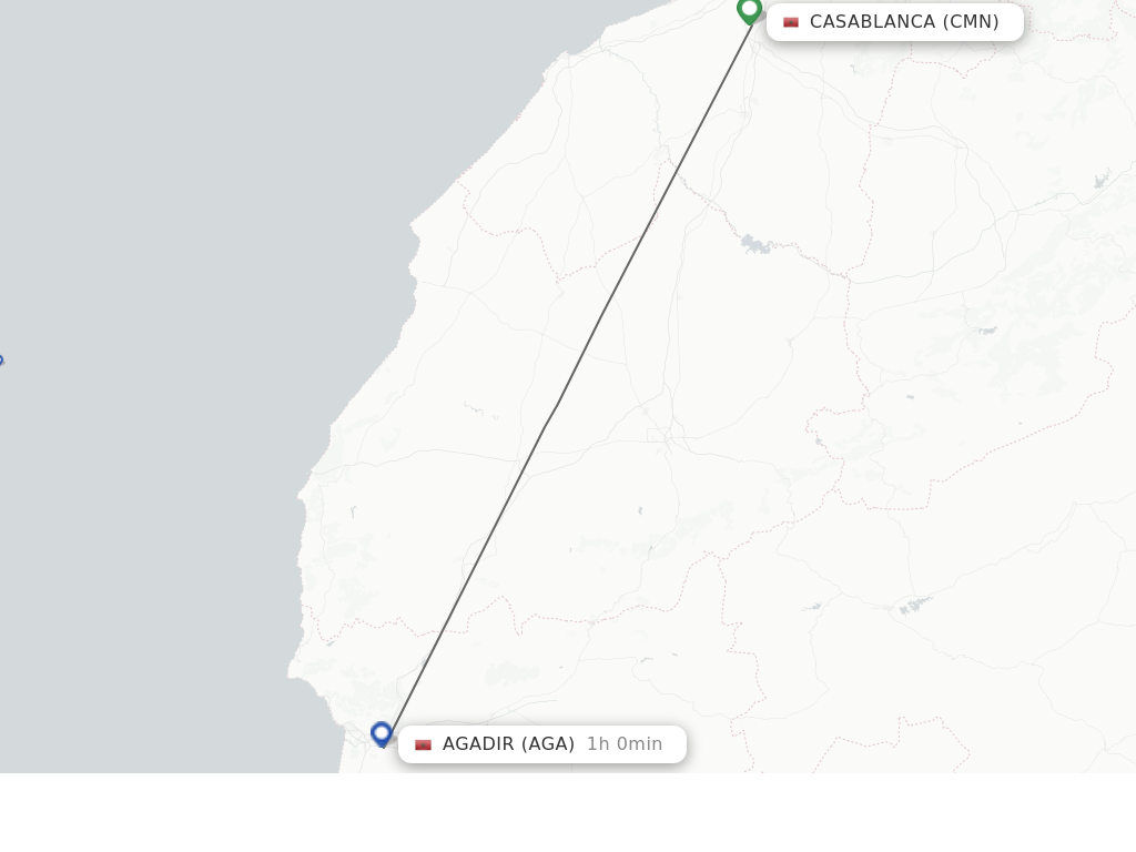 Flights from Casablanca to Agadir route map