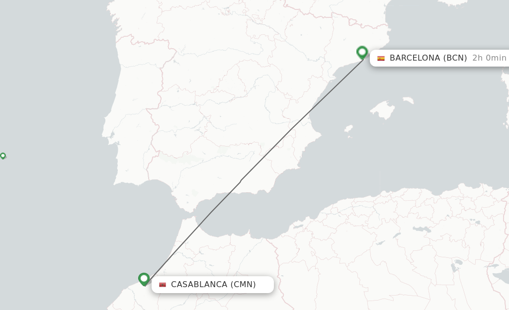 Flights from Casablanca to Barcelona route map
