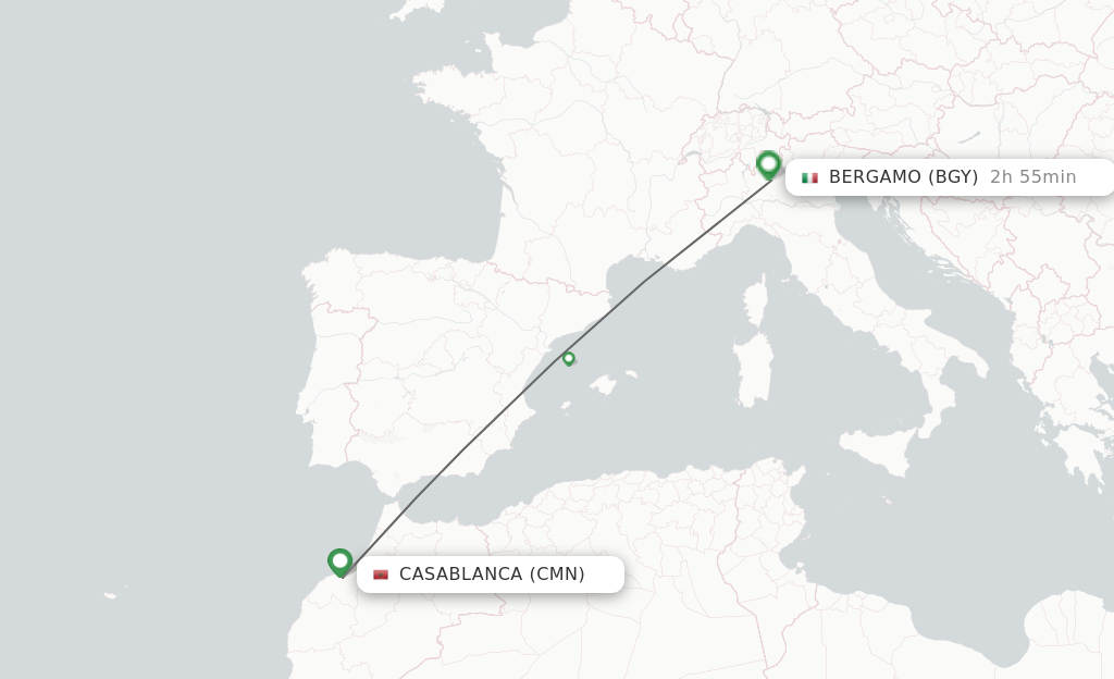 Flights from Casablanca to Milan route map