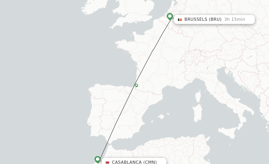 Flights from Casablanca to Brussels route map