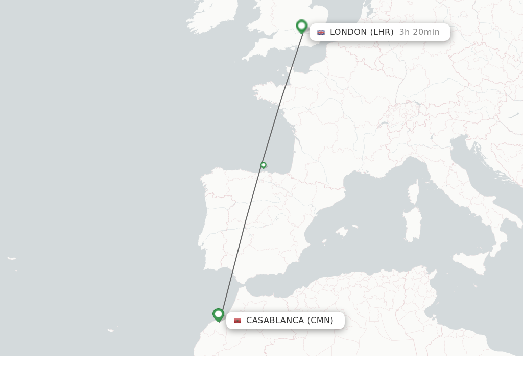 Flights from Casablanca to London route map