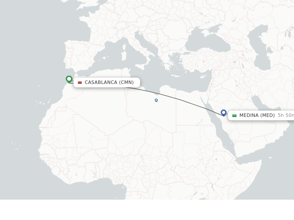 Flights from Casablanca to Madinah route map
