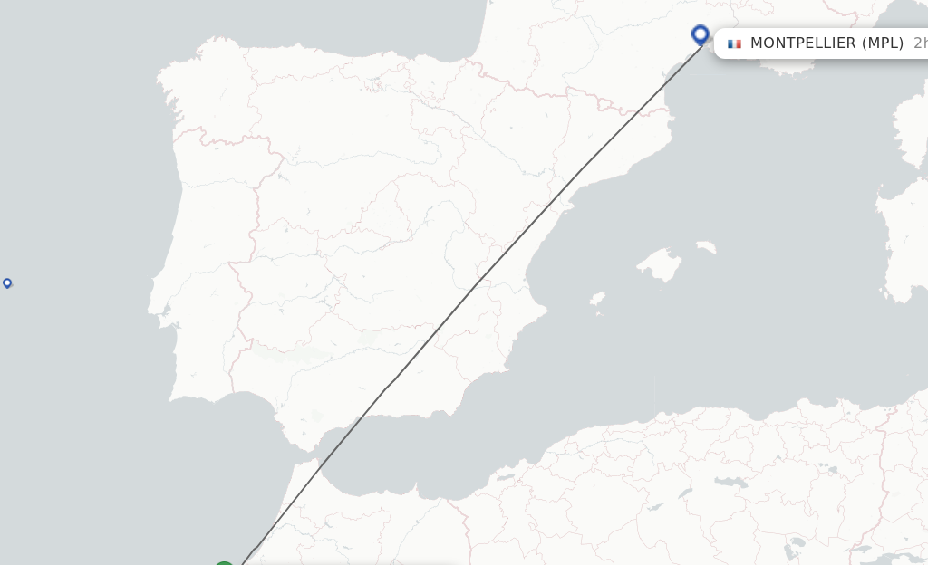 Flights from Casablanca to Montpellier route map
