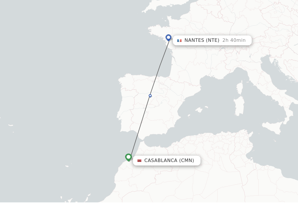 Flights from Casablanca to Nantes route map