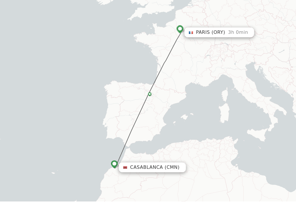 Flights from Casablanca to Paris route map