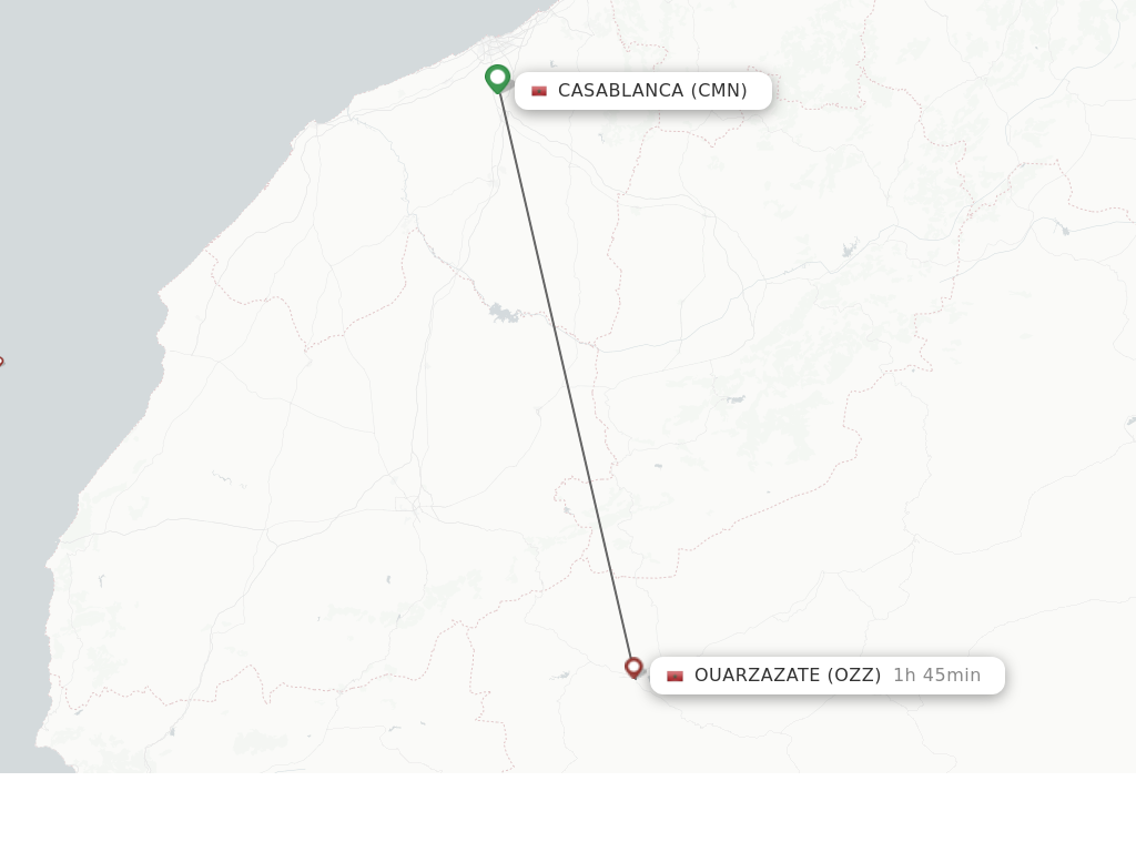 Flights from Casablanca to Ouarzazate route map