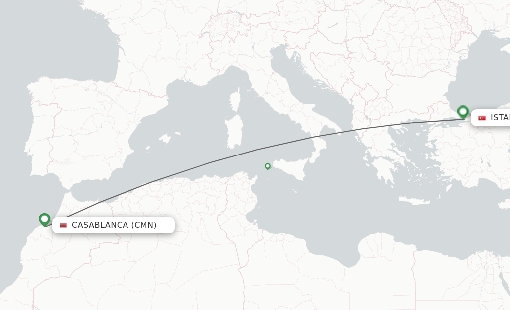 Flights from Casablanca to Istanbul route map